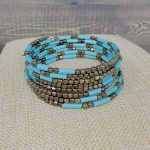 Boho Brass and Teal Turquoise Color Bead Wrap Memory Wire Bracelet